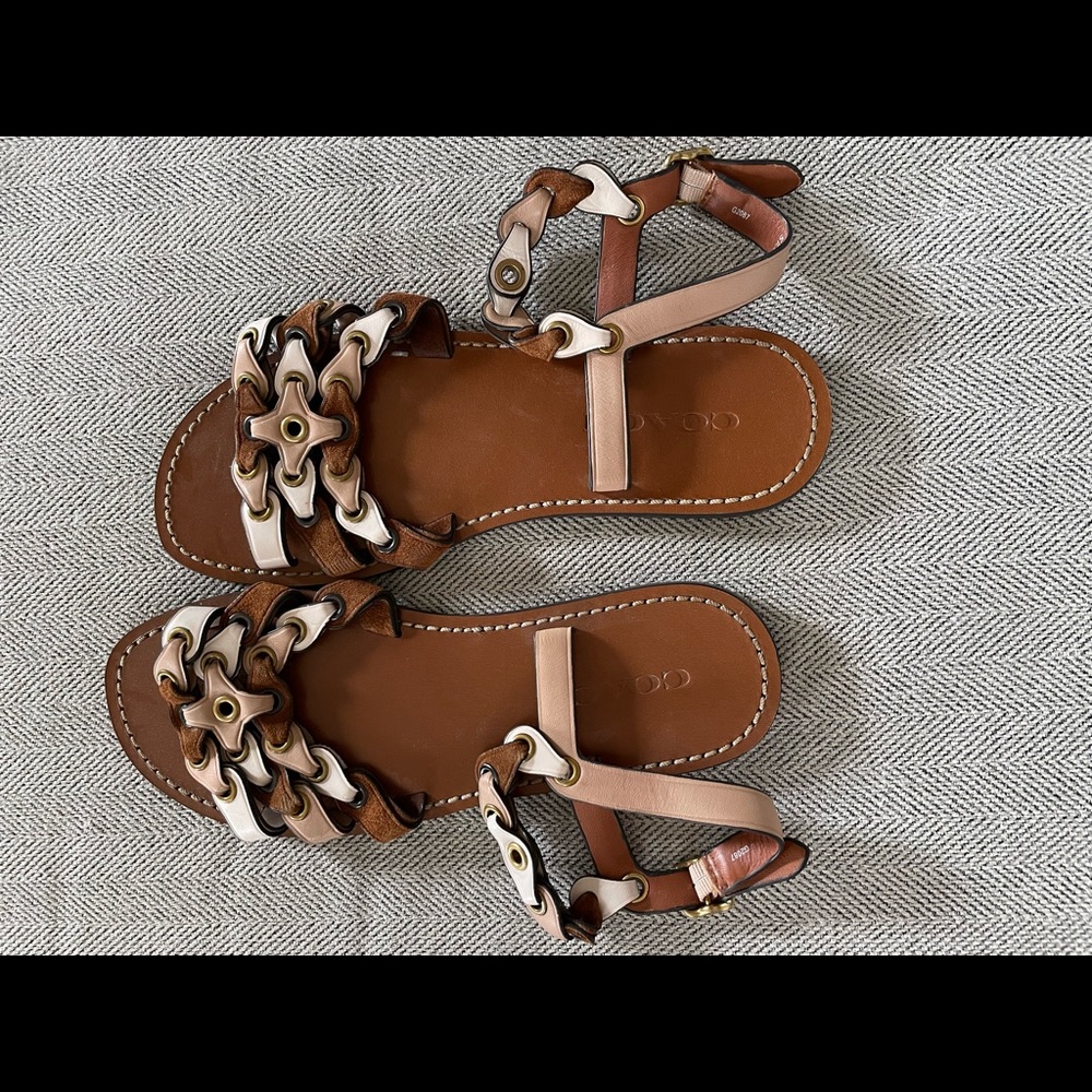 Coach Brown and Cream Leather Chain-Detail Sandals